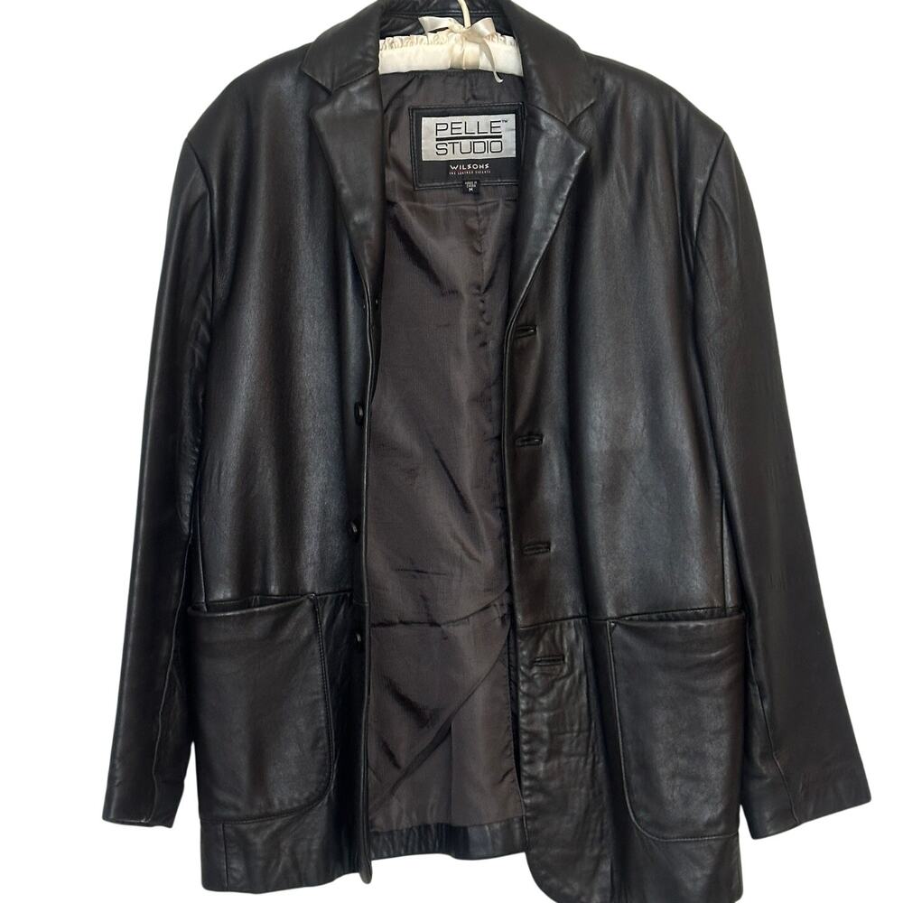 Wilson's Leather Pelle Studio Medium Black Nappa Leather Jacket Collared Button